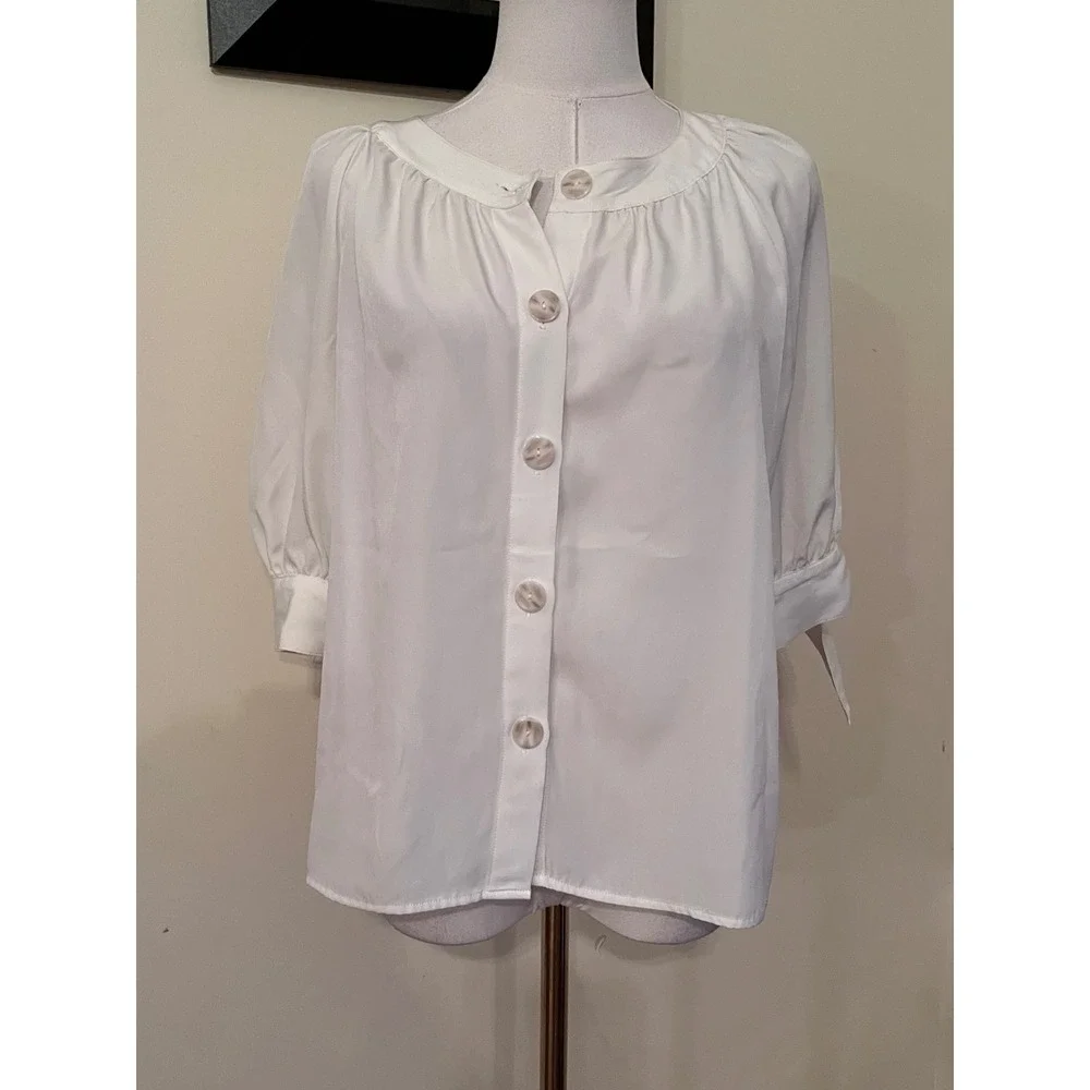 Antonio Melani Cream Button Front Blouse Tie Cuff‎ Sleeve Top Size M